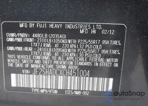2012 Subaru Forester 2.5X Premium from USA, damaged, VIN JF2SHADCXCH451004